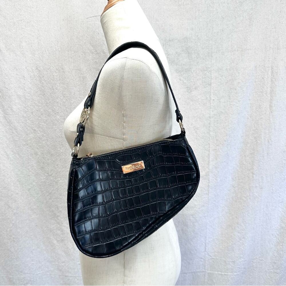 Bebe faux leather black croc Tara Mini Shoulder Hobo Saddle Bag‎